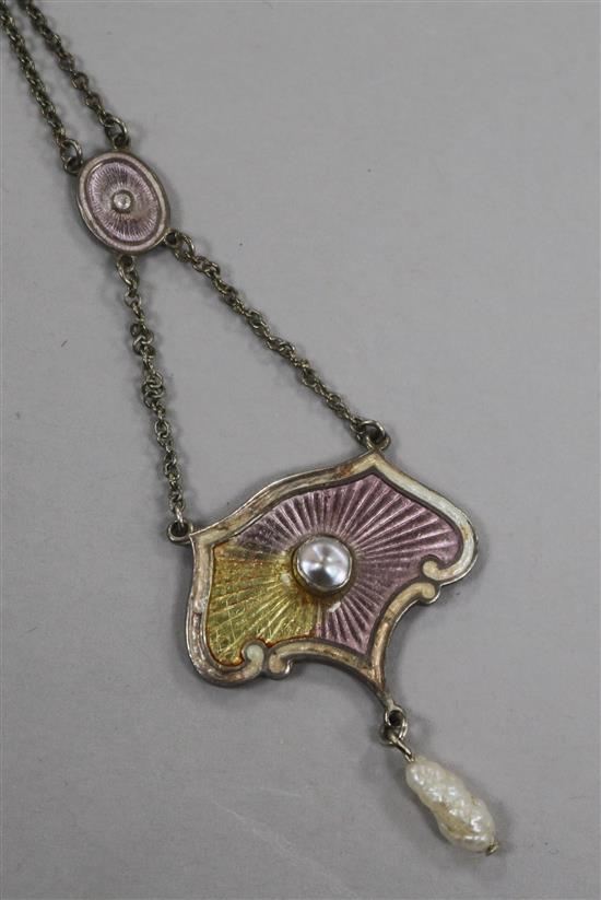 A George V Charles Horner silver , enamel and baroque pearl set drop pendant, pendant 36mm.